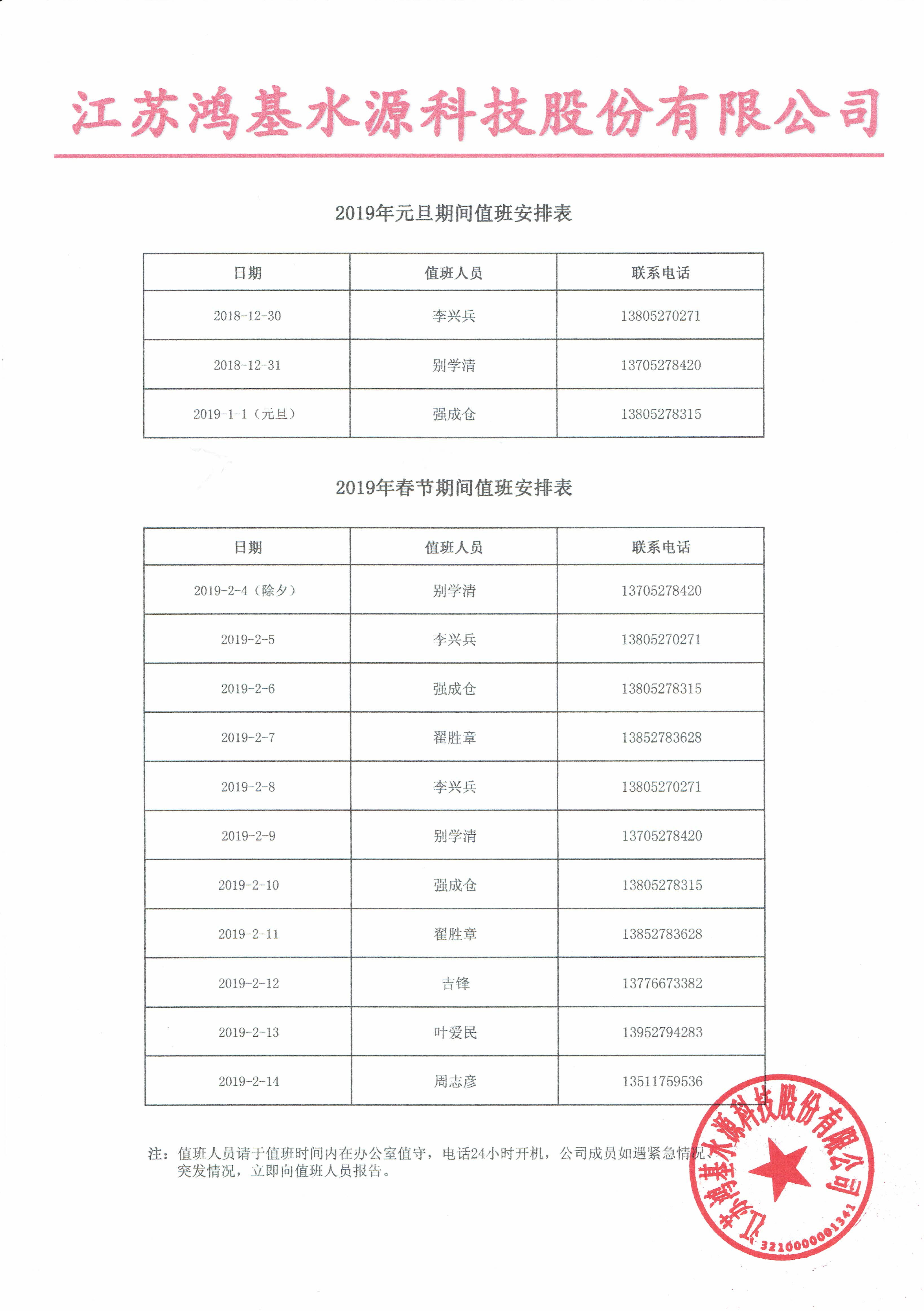 2019年元旦、春节期间值班表